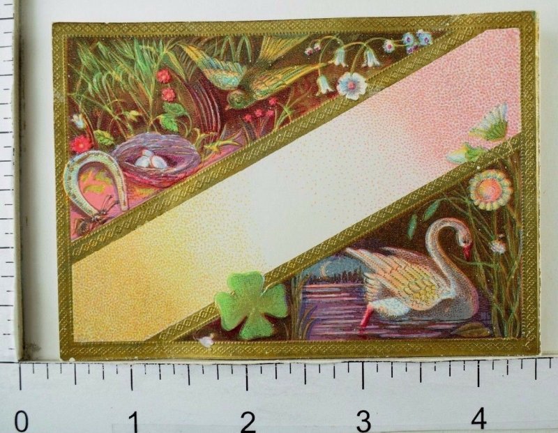 Embossed Gilt Victorian Trade Card Night lake Swan Four-Leaf Clover Eggs P41