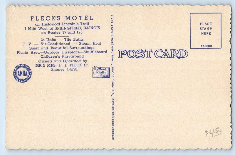 c1940 Springfield Illinois IL Postcard Fleck's Motel Lincoln's Trail Dual View