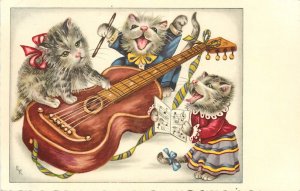 Dressed Cat Postcard 4184. Gray Kittens Play Guitar & Sing Music, Unposted, EK