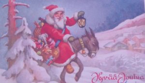 Santa Claus Rides Horse Old World Antique Vintage Christmas Postcard Finland