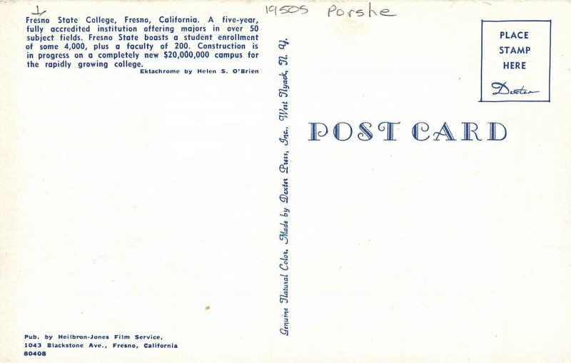 1950s Fresno California State College Porsche occupation Postcard 24-10971