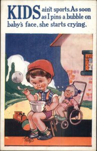Little Boy Blowing Bubbles - Crying Baby in Carriage c1920s Postcard 