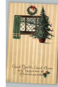 Christmas Tree Wreath Window c1910 Postcard