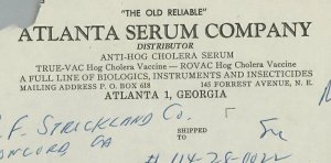 1957 Atlanta Serum Company Atlanta GA Hog Cholera Vaccine Invoice 316