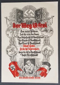 GERMANY THIRD 3RD REICH NSDAP ORIGINAL PROPAGANDA DONATION CARD SAAR VOTE 1935
