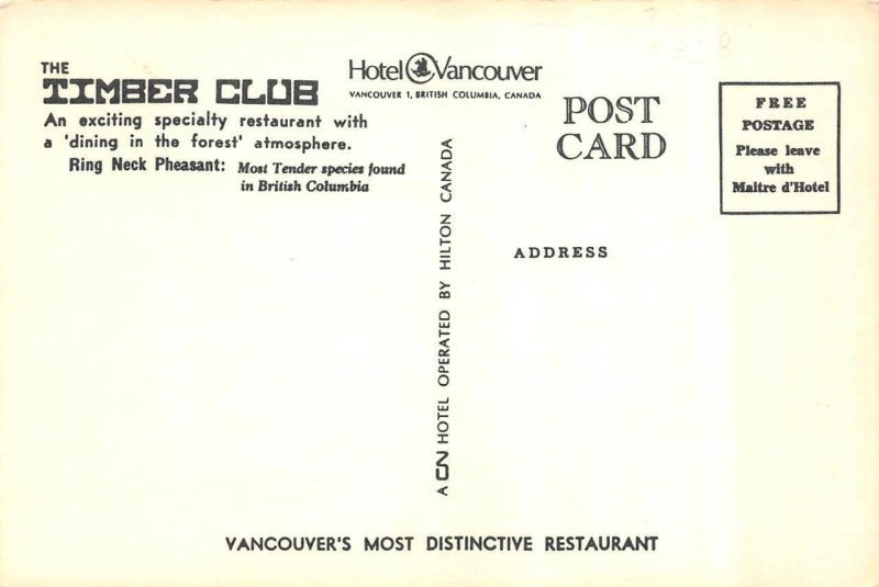 BC, Canada TIMBER CLUB Hotel Vancouver Restaurant~Pheasant Dinner COMIC Postcard