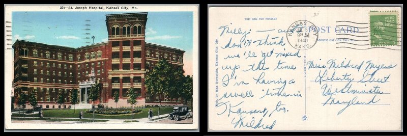 ABRO 1940 St. Joseph Hospital Kansas City Post Card . Posted to Westminster MD.