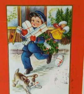 Christmas Postcard Boy Dressed As Mail Man & Puppy Dog Whitney San Antonio Texas