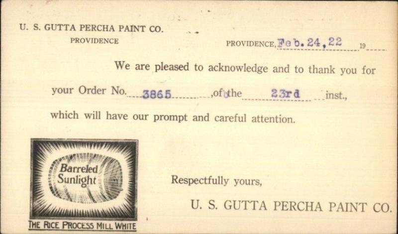 Illustrated Postal Card Barreled Sunlight US Gutta Percha Paint Providence RI