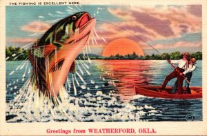 Oklahoma Greetings From Weatherford Exageration Men Catching Giant Fish