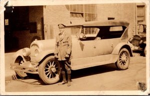 Real Photo Postcard Well Dress Man Driver Standing Next to an Automobile