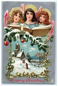 1908 Merry Christmas Angels Caroling House Church Winter Tuck's Antique Postcard