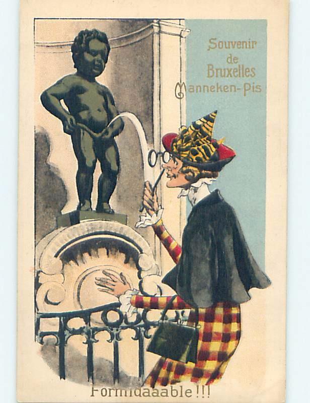 Pre-Linen WOMAN WITH PURSE VIEWS MANNEKEN PIS STATUE IN BRUSSELS BELGIUM HL8632