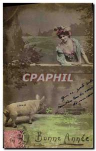 Old Postcard Cochon Pig Woman Happy new year