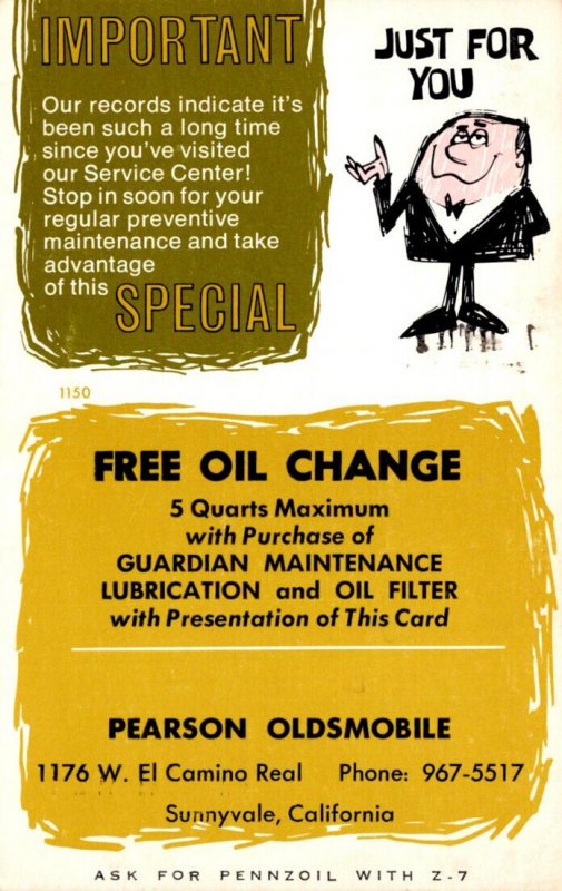 Advertising Free Oil Change Pearson Oldsmobile Sunnyvale California 1973