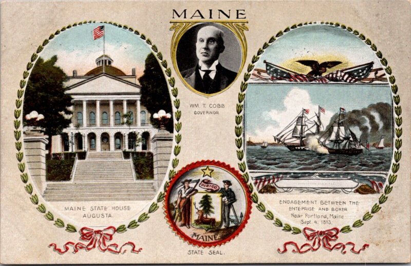 Postcard William T. Cobb Governor Maine State House State Seal Augusta, Maine