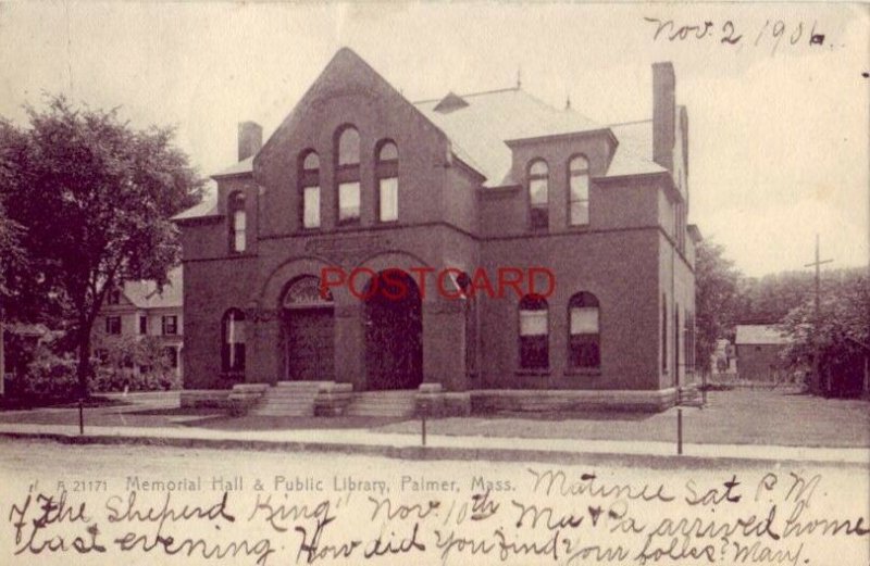 pre-1907 MEMORIAL HALL & PUBLIC LIBRARY, PALMER, MASS. 1906