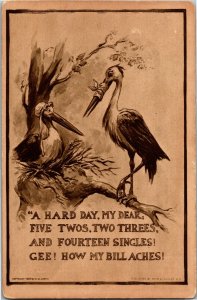 Stork Telling His Wife About His Hard Day Comic c1913 Vintage Postcard D32