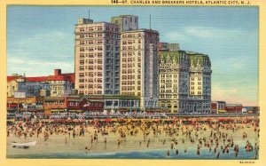 Vintage Postcard 1920's St. Charles and Breakers Hotels Beach Atlantic City N.J.