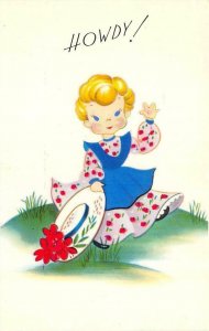 Greeting  HOWDY!  Little Girl In Blue Pinafore & Bonnet  LIL' HONEYS  Postcard