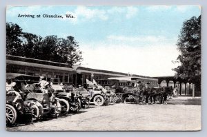 J90/ Okauchee Wisconsin Postcard c1910 Railroad Depot Train Cars  450