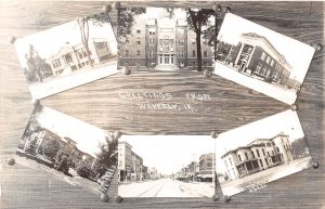 J65/ Waverly Iowa RPPC Postcard c1910 6View School Stores Main ST  110