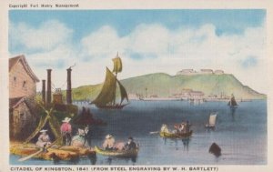 Citadel Of Kingston Canada Street Engraving Painting Boats Canadian Postcard