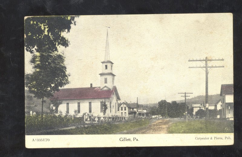 GILLETT PENNSLYLVANIA STREET SCENE BAPTIST CHURCH VINTAGE POSTCARD PA.