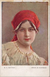 K.V. Muttich Portrait of Woman Lady Red Scarf Devce Ze Slovacka Postcard H56