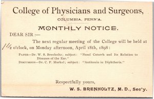 Postal Card Jefferson College of Physicians and Surgens meeting notice Brenholtz