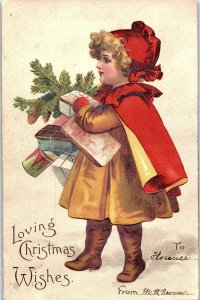 C.1910 Adorable Girl, Christmas Tree, Presents Postcard P126