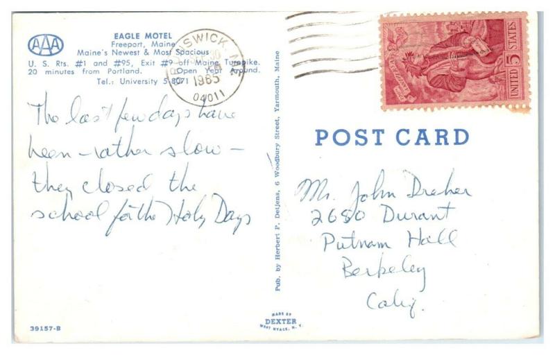 1965 Eagle Motel, Freeport, Maine Postcard *5D