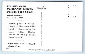 HOPLAND, CA California ~ DUNCAN SPRINGS DUDE RANCH Pool c1940s Roadside Postcard