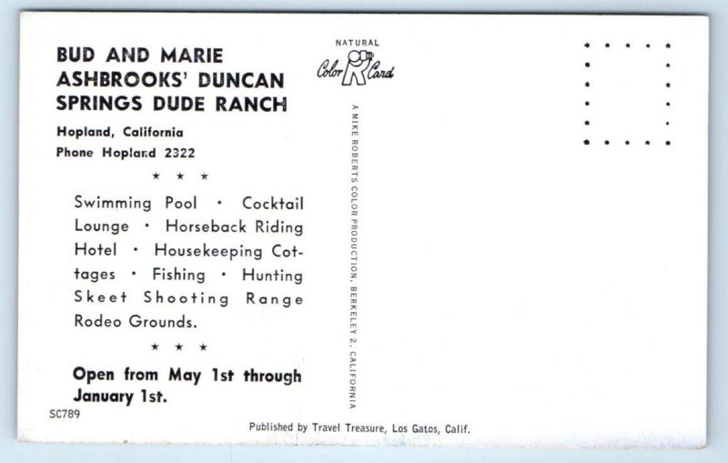 HOPLAND, CA California ~ DUNCAN SPRINGS DUDE RANCH Pool c1940s Roadside Postcard
