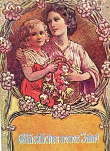 Vintage German Postcard Happy New Year Floral Girl