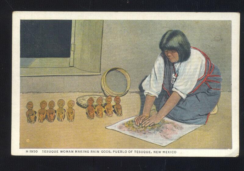 PUEBLO OF TESUQUE NEW MEXICO INDIAN WOMAN MAKING RAIN GODS OLD POSTCARD