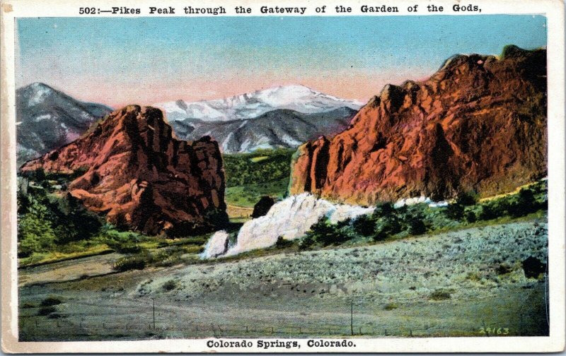 postcard CO Pikes Peak through the Gateway of the Garden of the Gods