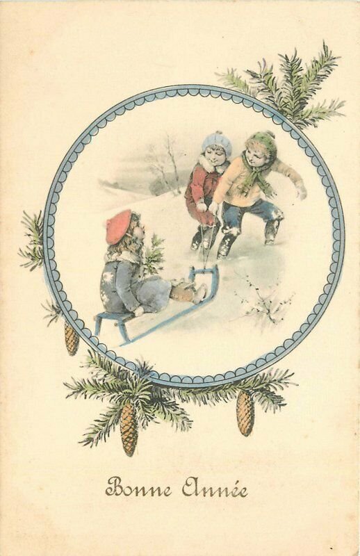 Artist impression Christmas Winter Children Sled 1920s Postcard 12642