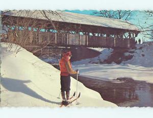 Unused Pre-1980 CROSS COUNTRY SKIING AT COVERED BRIDGE Newry Maine ME t8341