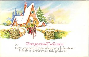 Vintage Holiday Greeting  CHRISTMAS WISHES Snow~Home~Sleigh  ca1910's Postcard