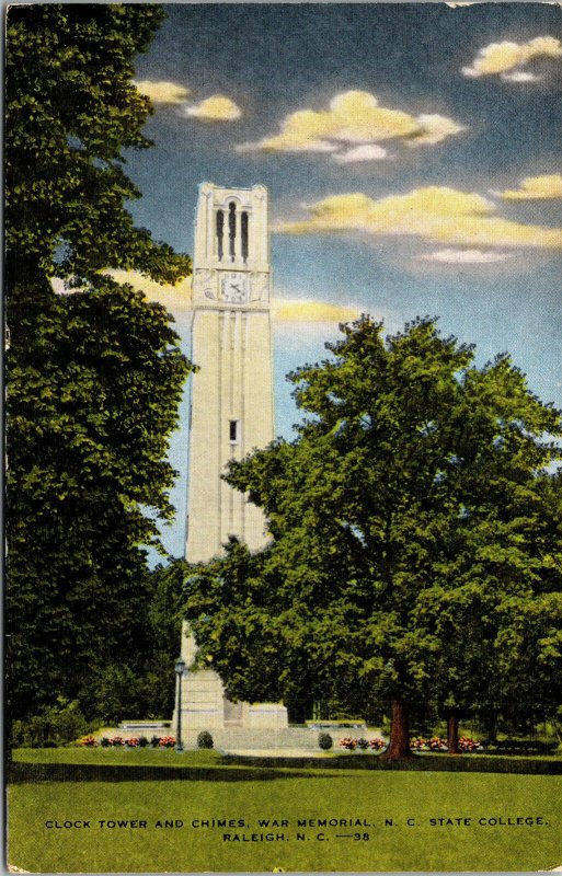 Vtg Clock Tower War Memorial North Carolina State College Raleigh NC Postcard