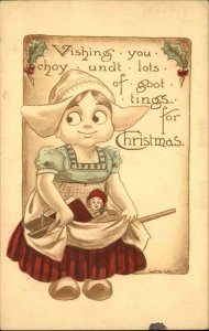 Christmas Little Dutch Girl with Doll and Book c1910 Vintage Postcard