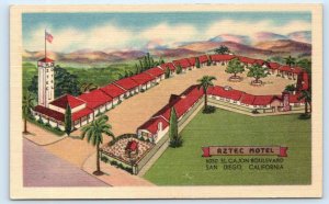 SAN DIEGO, CA California ~ AZTEC MOTEL c1940s Roadside Linen Postcard