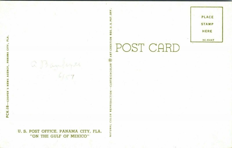 US Post Office Panama City FL Florida Gulf Mexico Old Car Postcard Curteich VTG  