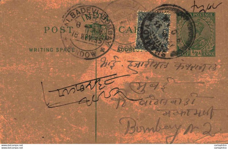 India Postal Stationery George V 1/2 A Kalbadevi Bombay cds Shahada cds