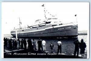 Detroit MI Postcard RPPC Photo Milwaukee Clipper Entering Muskegon Harbor 1940