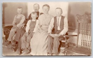 RPPC Father Mother 3 Sons Twin Boys Parlor Photo Postcard J24