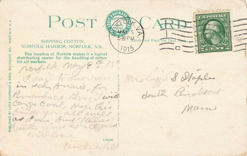 Postcard 1915 Shipping Cotton, Norfolk Harbor, Norfolk, Virginia ME8.