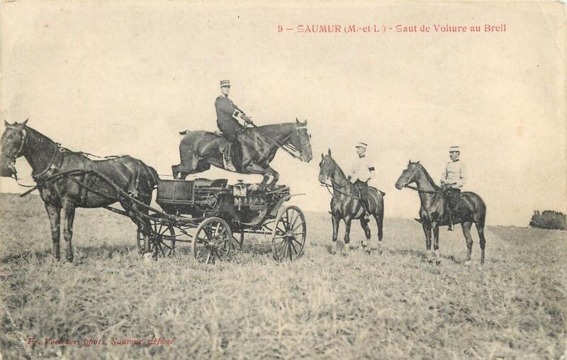 French army cavalry military drill horse jump over a cariage Saumur