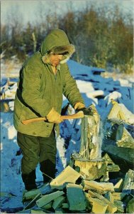 Hay River NWT Indigenous Man Chopping Wood Northwest Territories Postcard G51